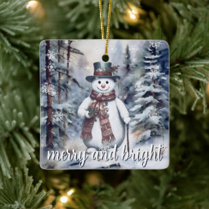 Charmantes Snowman Watercolor Winterwald Foto Keramikornament
