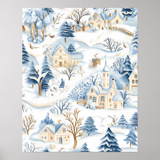 Charmantes Snowy Village mit Waldtieren Poster (Vorne)