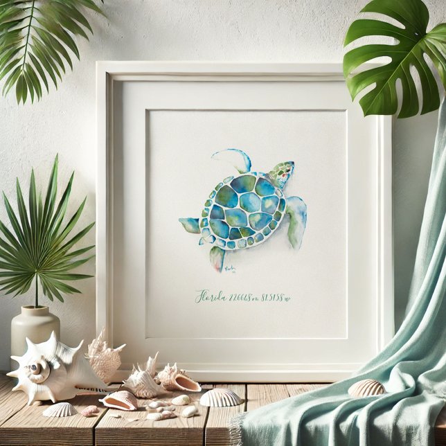 Charmantes Türkisblau Wasserfarbenschildkröte Poster (Florida beach pictures watercolor sea turtle art by Victoria Grigaliunas of Do Tell A Belle)