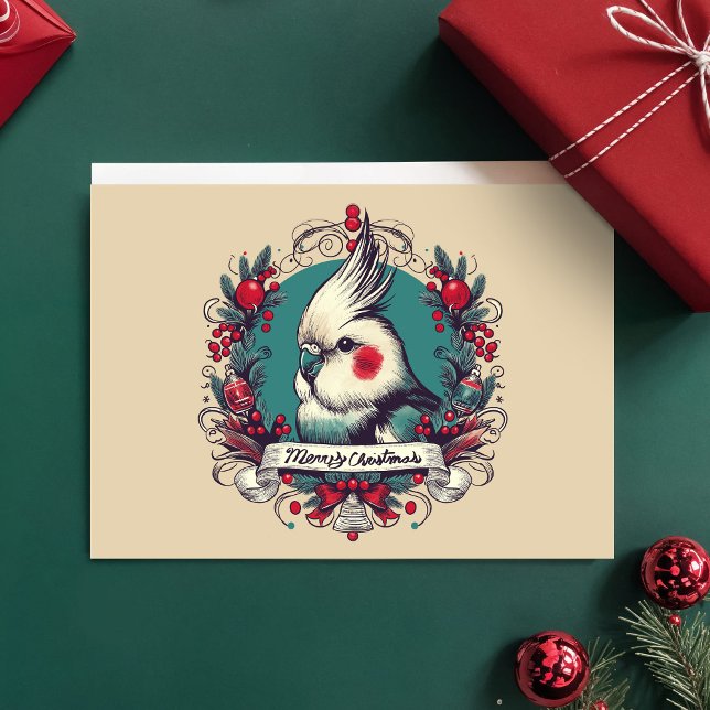 Charmantes Vintages Cockatiel Holiday Wreath Pet B Karte (Christmas Cockatiel holiday card in charming vintage style, pet bird portrait in red & teal wreath)