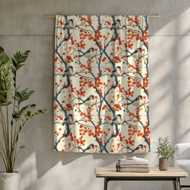 Charmantes Vogelschwarz mit Herbst-Blume Fleecedecke (Charming Birds Blanket with Autumn Flower Design)