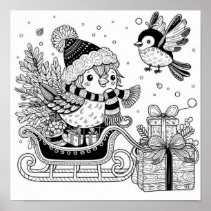 Charmantes Weihnachtsbird's Sleigh Ride Coloring Poster