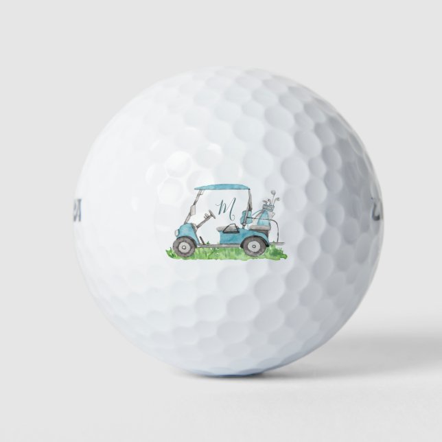 Charme Golf Cart Blue Monogram Wasserfarbe Golfball (Vorderseite)