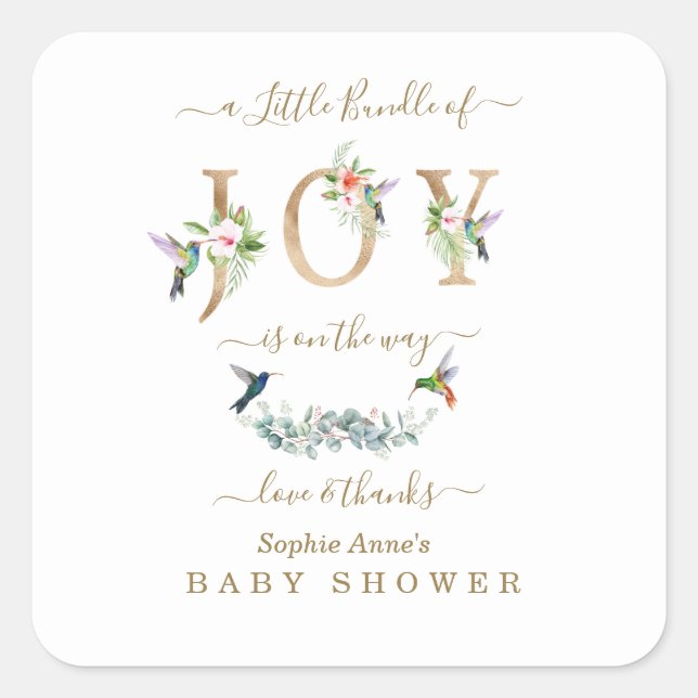 Charme kleine Menge Joy Hummingbird Baby Dusche Quadratischer Aufkleber (Vorderseite)
