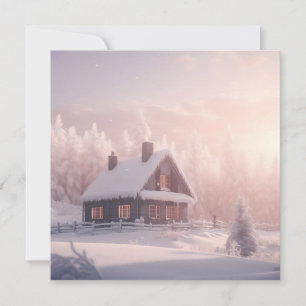 Charmige schneebedeckte Holzhütte in einem Wald Feiertagskarte