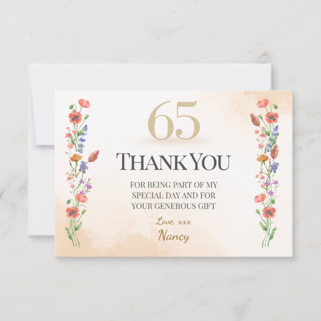 Charming 65. Geburtstag - Wildblume Design Dankeskarte (Vorderseite)