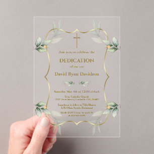 Charming Airy Greenery Gold Cross Dedication Acryleinladungen