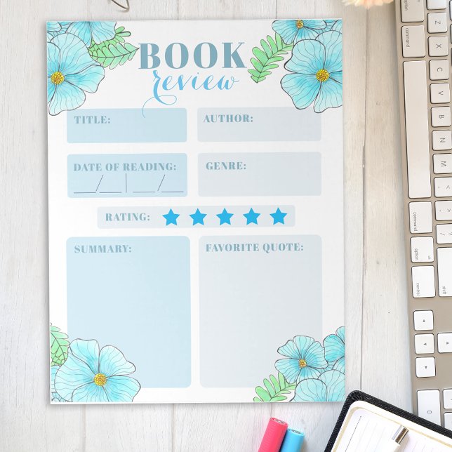 Charming Aqua Blue Watercolor Floral Book Review Notizblock (Von Creator hochgeladen)