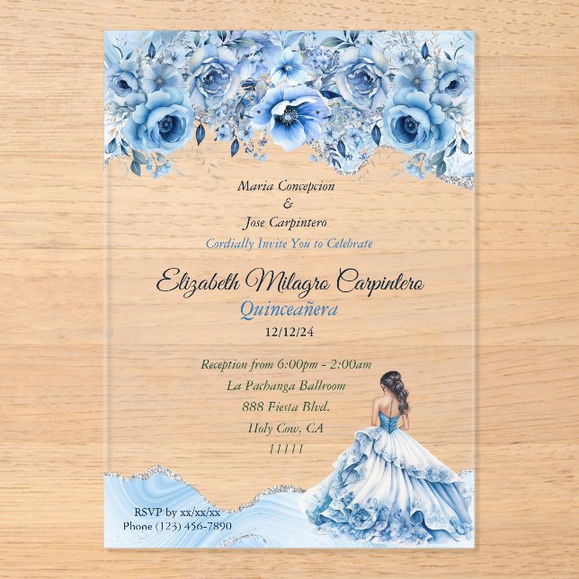 Charming Baby Blue und Silver Quinceñera Floral Acryleinladungen (Vorderseite)