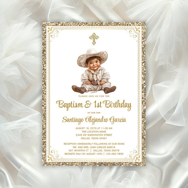 Charming Baby Charro Gold Taufe & Birthday Invit Einladung (Adorable baby charro baptism invitation, You can change all text, move baby, move/remove cross/)