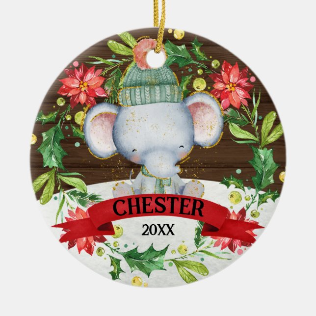 Charming Baby Elephant Watercolor Kinder Weihnacht Keramik Ornament (Vorne)