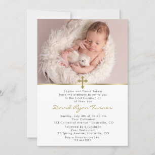 Charming Baby Foto Gold Cross Heilige Kommune Einladung