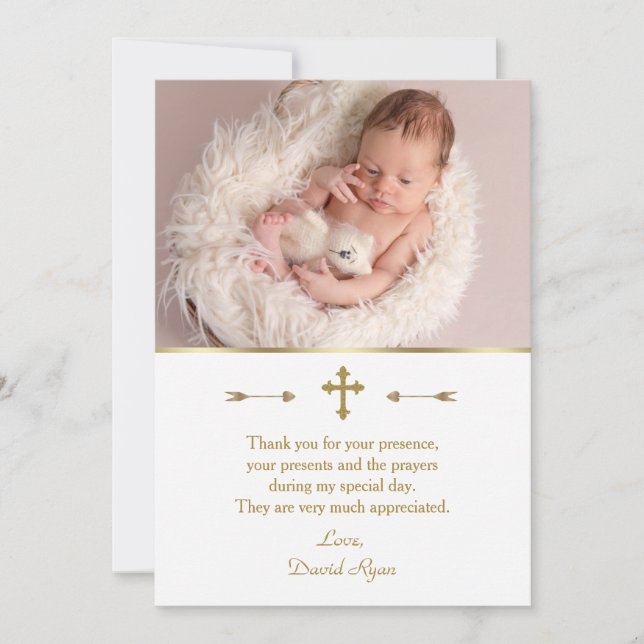 Charming Baby Foto Gold Cross Taufe Dankeskarte (Vorderseite)