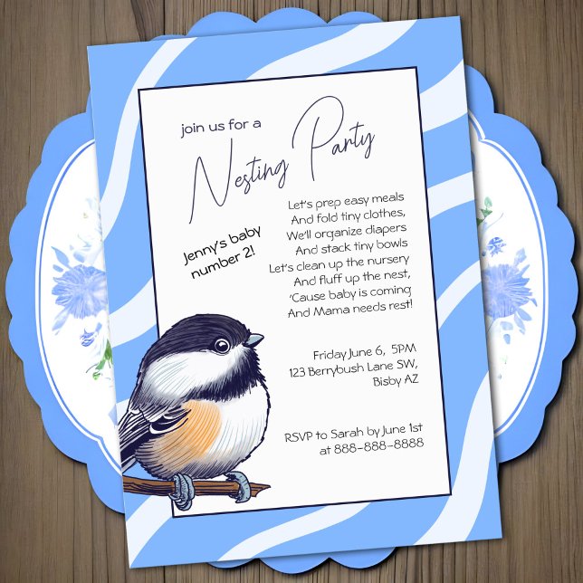 Charming Baby Shower Chickadee Blue Nesting Party Einladung (Sweet chickadee bird nesting party invitation in sky blue and white, baby shower alternative)