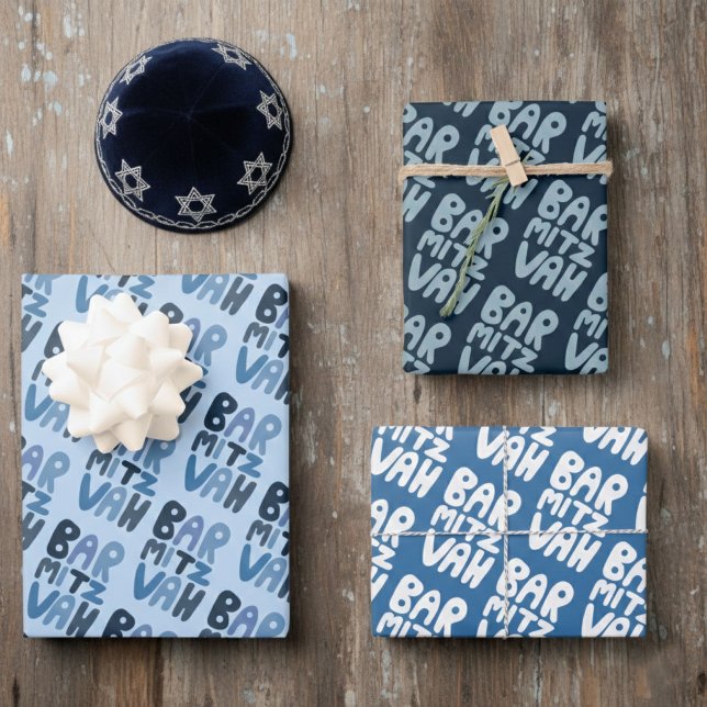 Charming Bar Mitzvah Handlettering jüdischer Blaue Geschenkpapier Set (Charming Bar Mitzvah Handlettering Jewish Blue Fun Wrapping Paper Sheets
)