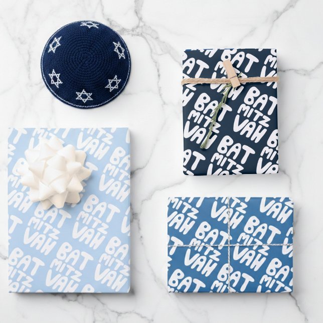 Charming Bat Mitzvah Handlettern Judenblauer Spaß Geschenkpapier Set (Charming Bat Mitzvah Handlettering Jewish Blue Fun Wrapping Paper Sheets
)