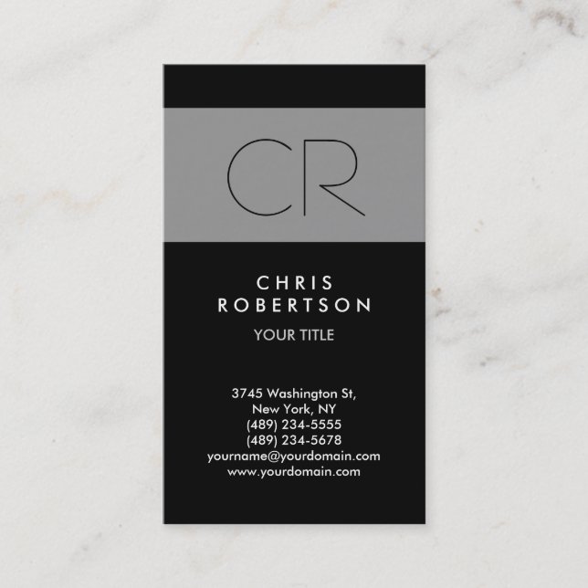 Charming Black Gray Strip Monogram Business Card Visitenkarte (Vorderseite)