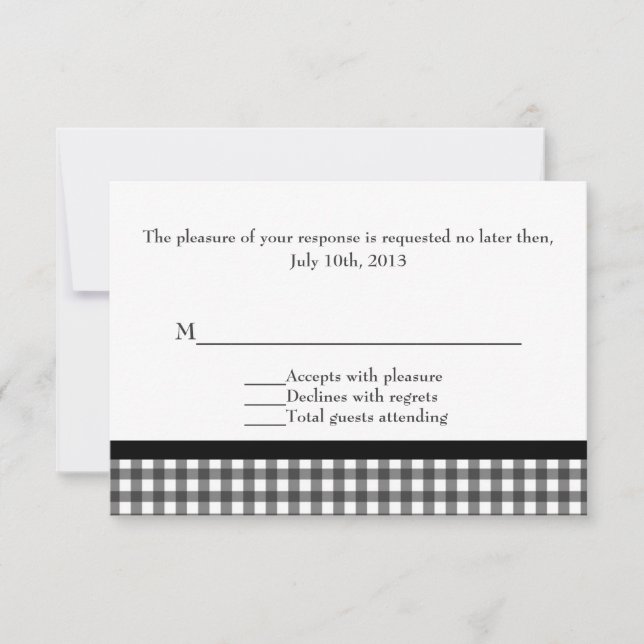 Charming Black & White Gingham Wedding RSVP Karte (Vorderseite)