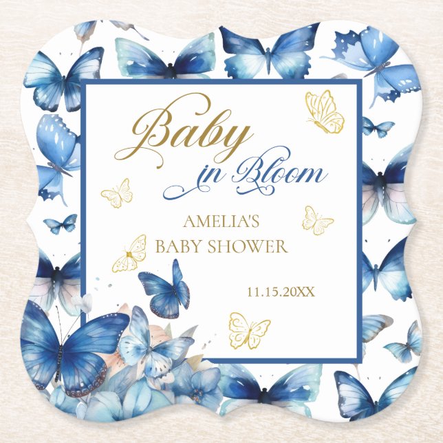 Charming Blue Butterfly Baby in Bloom Baby Dusche Untersetzer (Vorderseite)