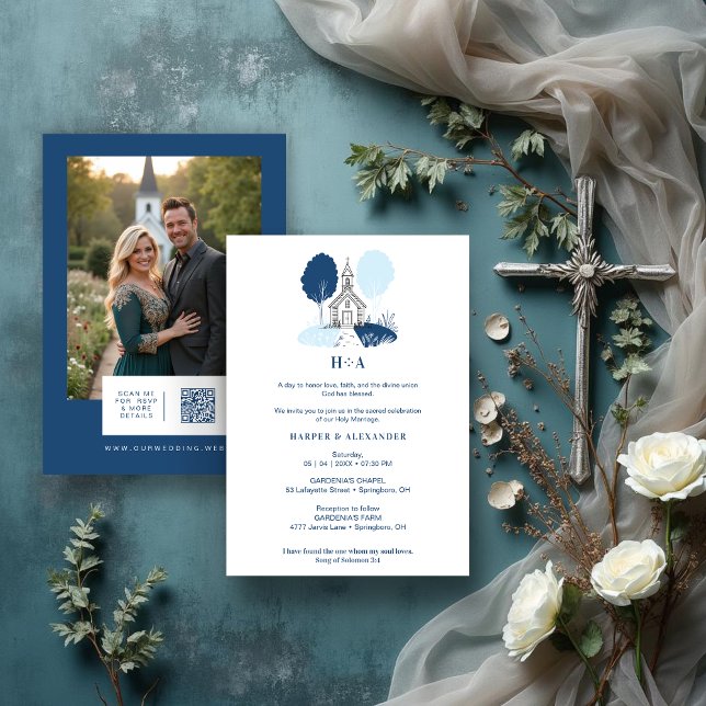 Charming Blue Church Christian Wedding Einladung (Charming Blue Shades Church Illustration Christian Wedding Invitation Cards with Back Photo and QR.)