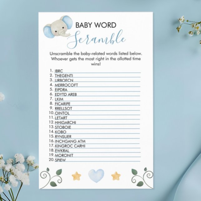 Charming Blue Elephant Baby Dusche Word Scramble Flyer (Von Creator hochgeladen)