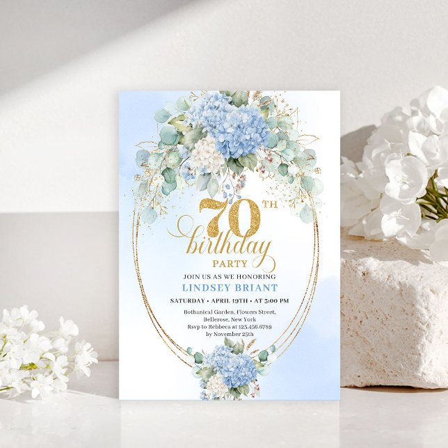 Charming Blue Hydrangeas Gold 70th Birthday Invite Einladung (Charming Blue Hydrangeas Gold 70th Birthday Invite

)