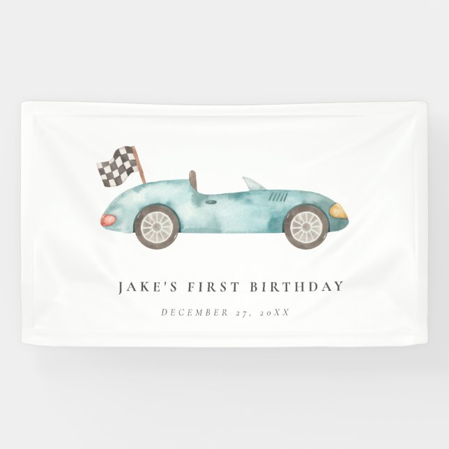 Charming Blue Race Car Birthday Banner (Horizontal)