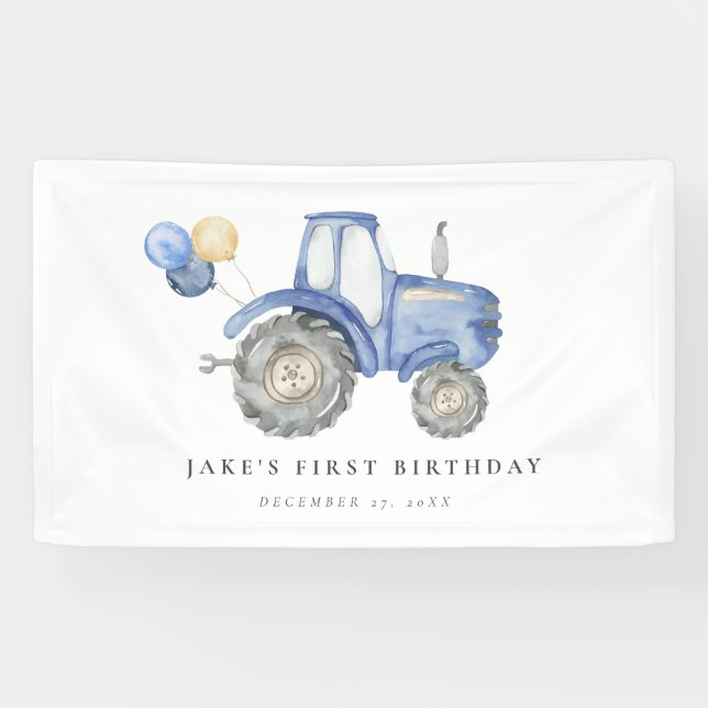 Charming Blue Tractor Birthday Banner (Horizontal)