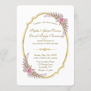 Charming Blush Bloral Gold Rahmen Hochzeitsempfang Einladung