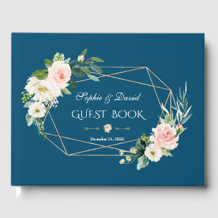 Charming Blush Floral Gold Rahmen Blue Wedding Gästebuch