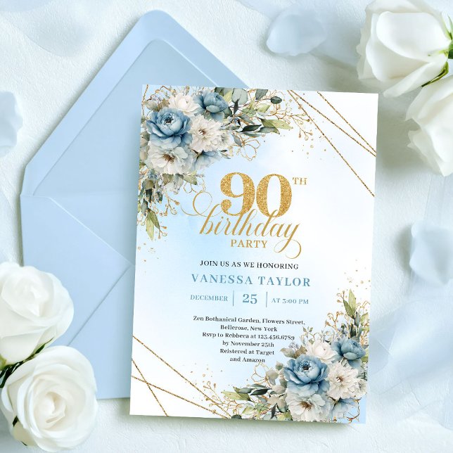 Charming Boho Blue Floral Eucalyptus 90th Birthday Einladung (Charming Boho Blue Floral Eucalyptus 90th Birthday)