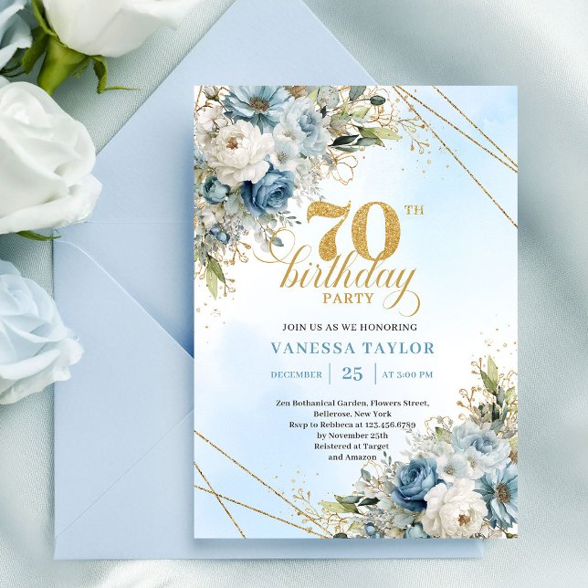 Charming boho blue florals gold frame 70th birthda einladung (Charming boho blue florals gold frame 70th birthday

)