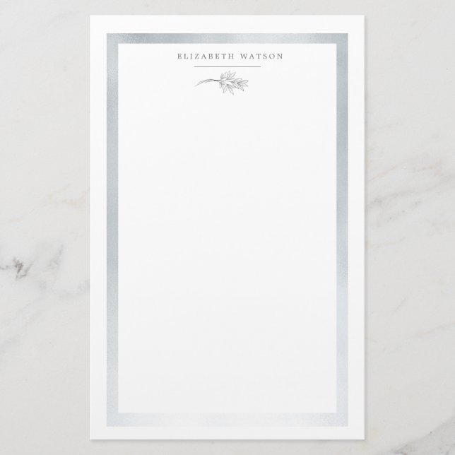 Charming Botanisches Silber Monogram Stationer Briefpapier (Vorderseite)
