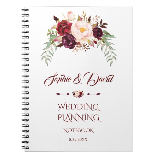 Charming Burgundy Marsala Floral Wedding Planner Notizblock (Vorderseite)