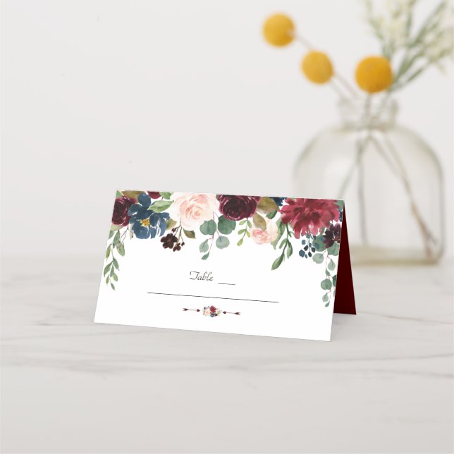 Charming Burgundy Navy Blue Floral Tischnummer Platzkarte (Vorderseite)