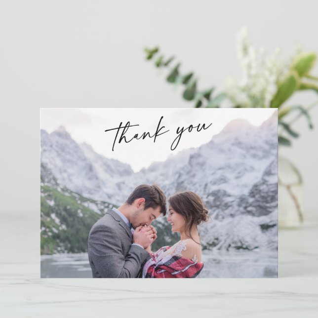 Charming Calligraphy Wedding Foto Danke-Card Dankeskarte (Stehend Vorderseite)