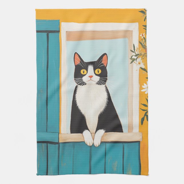 Charming Cat im Fenster Geschirrtuch (Vertikal)