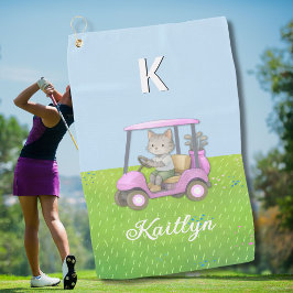Charming Cat Pink Cart Purr-fectly on Par  Golfhandtuch