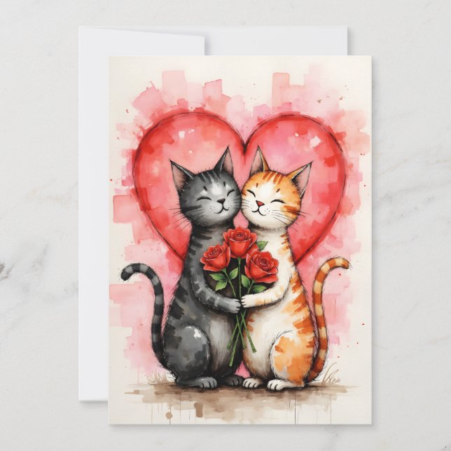 Charming Cats Valentine Hearts and Red Roses Karte (Vorderseite)
