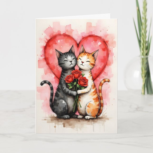 Charming Cats Valentine Hearts and Red Roses Karte (Vorderseite)