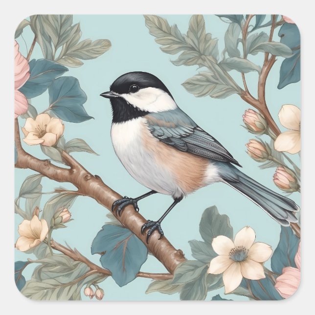Charming Chickadee Bird Quadratischer Aufkleber (Vorderseite)