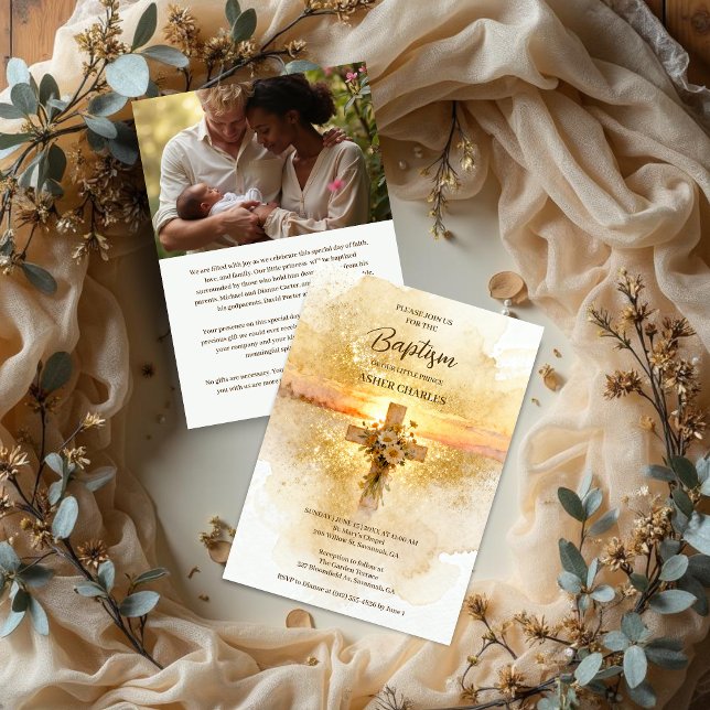 Charming Christian Wildflowers Cross-Shape Baptism Einladung (Charming Christian Floral Wildflowers Cross Watercolor Effect Gold Glitter Effect Baptism Invitation)
