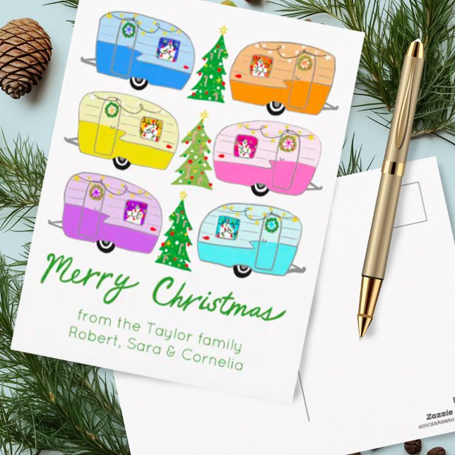 Charming Christmas Camper Vintage Trailer RV Xmas Postkarte (Charming Christmas campers custom holiday postcard. Add your own text!)