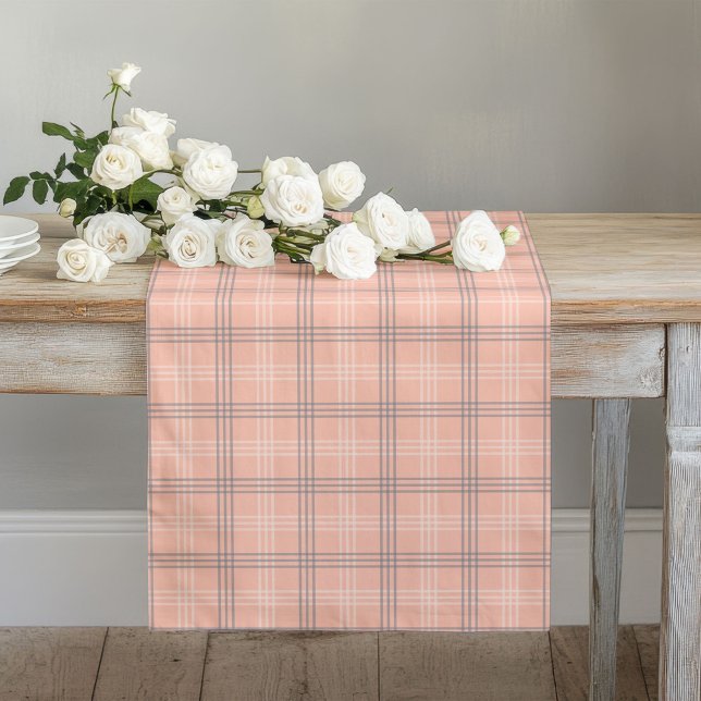 Charming Coral Grau Karo Runner Dining Table Großer Tischläufer (Charming Coral Grey Check Runner Dining Table)