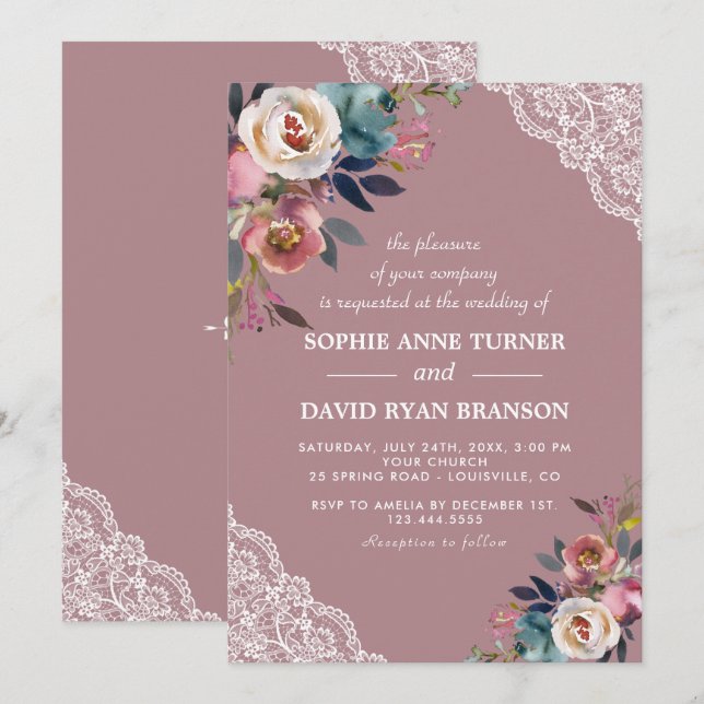 Charming Dusty Blue Dusty Rose Floral Wedding Einladung (Vorne/Hinten)
