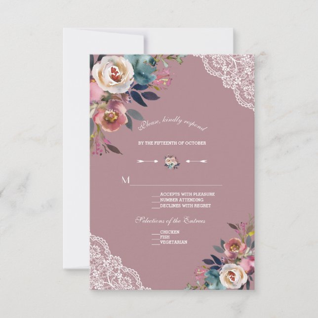 Charming Dusty Blue Dusty Rose Floral Wedding RSVP Karte (Vorderseite)