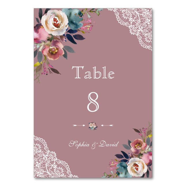 Charming Dusty Blue Dusty Rose Floral Wedding Tischnummer (Rückseite)
