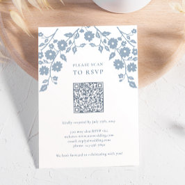 Charming Dusty Blue Folk Blume Floral QR Code RSVP Karte