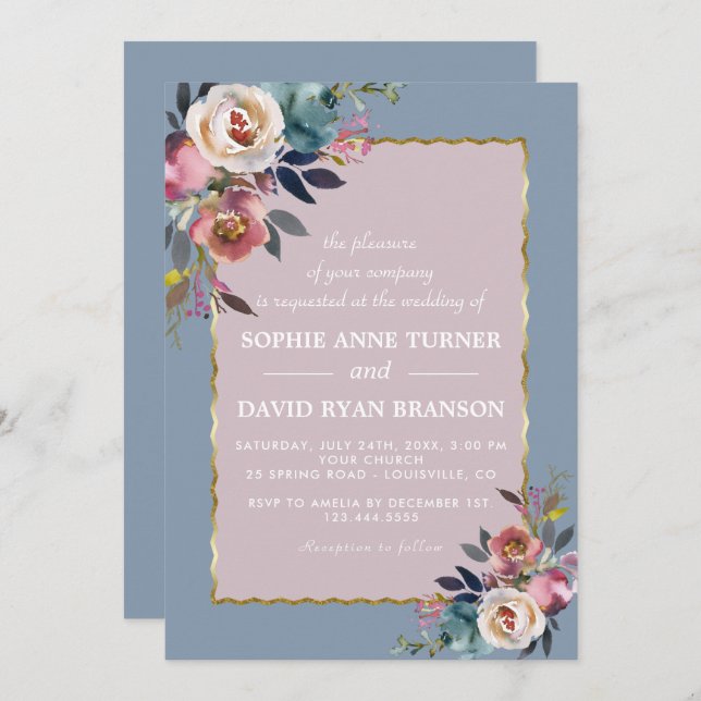 Charming Dusty Blue Misty Rose Floral Gold Hochzei Einladung (Vorne/Hinten)