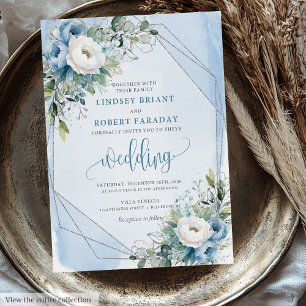 Charming Dusty Blue White Silver Blume Hochzeit Einladung